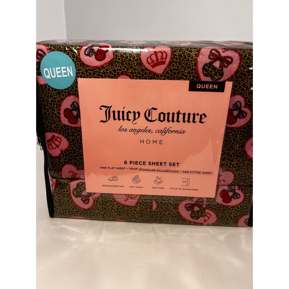 Juicy Couture Queen Sheet Set 6 Piece Leopard Pink Heart Cherry Crown Print New